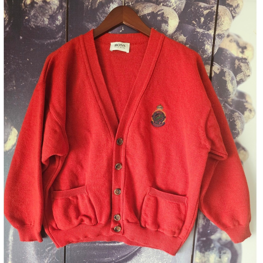 Hugo Boss Red V-Neck Cardigan Sweater with Embroidered Crest Logo Size 42 M/L